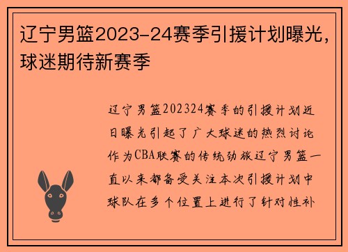 辽宁男篮2023-24赛季引援计划曝光，球迷期待新赛季